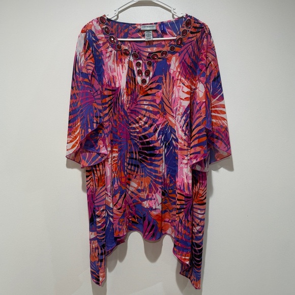 Catherines Crepe Blouse Top Size 2X Petite Sheer Flutter Sleeve Tropical Beaded - Picture 1 of 8